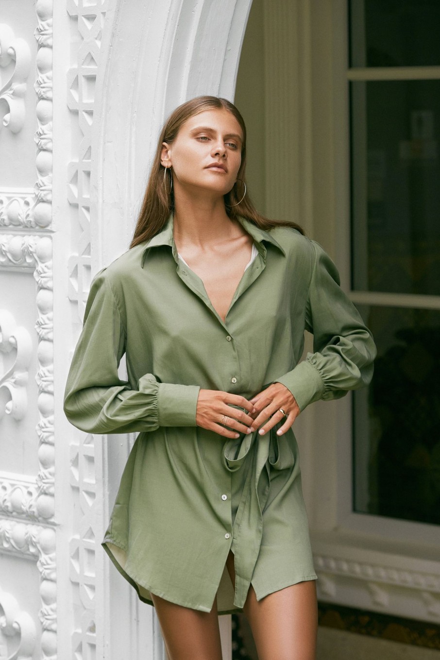 Women Hazel & Folk Tops | Sienna Shirt Dress|Olive